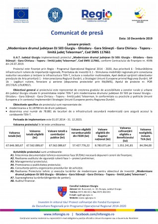 CJ Giurgiu - ”Modernizare drumul judetean DJ 503 Giurgiu...” SMIS 117661 - comunicat lansare proiect